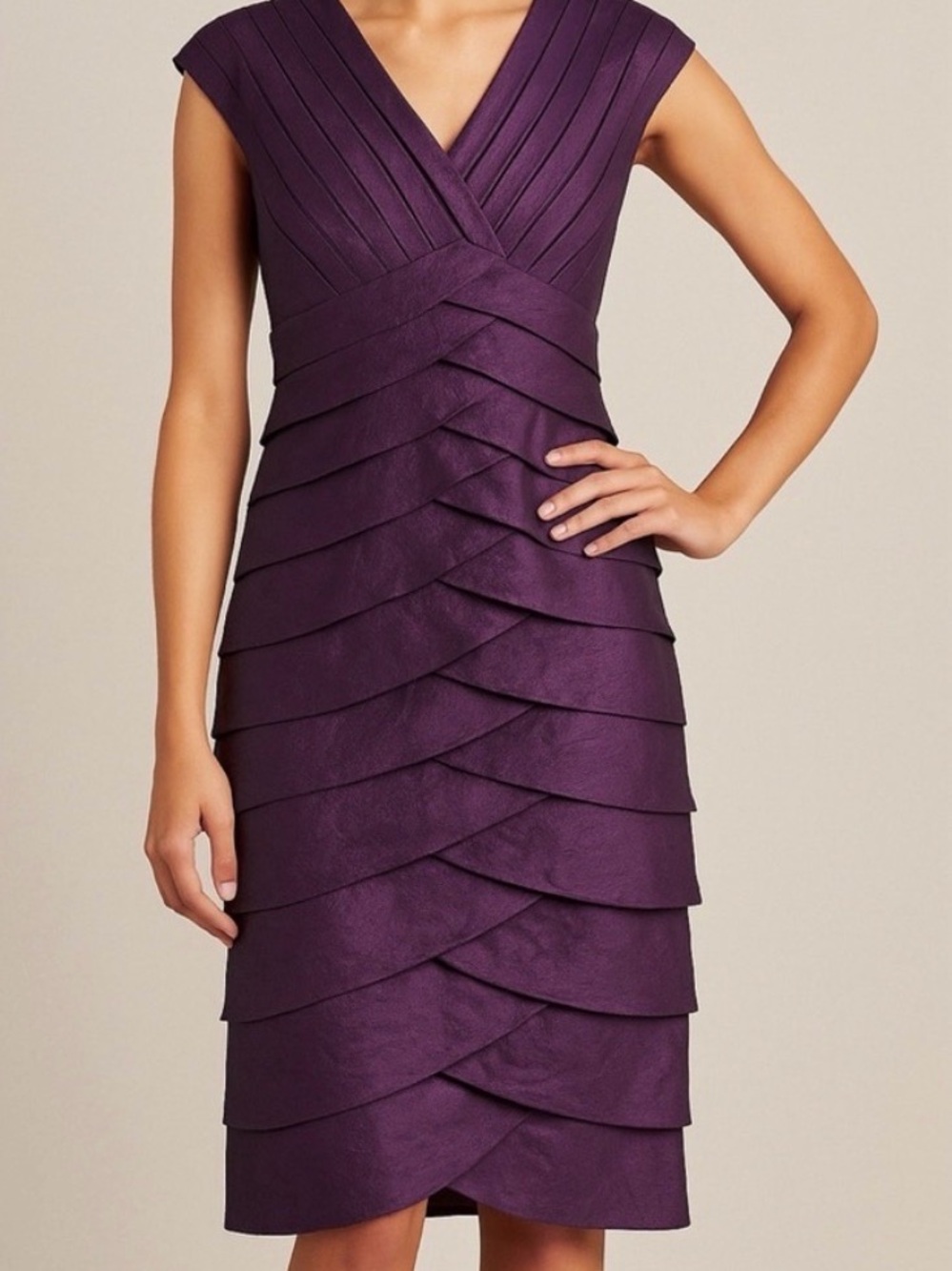 Adrianna Papell Deep Purple Pleated V-Neck Tiered Sheath Dress